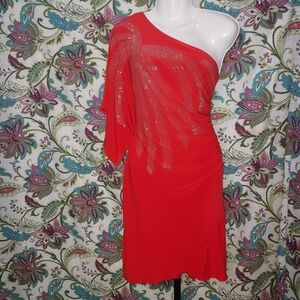 Bisou Bisou Vibrant Red & Gold One-Shoulder Dress